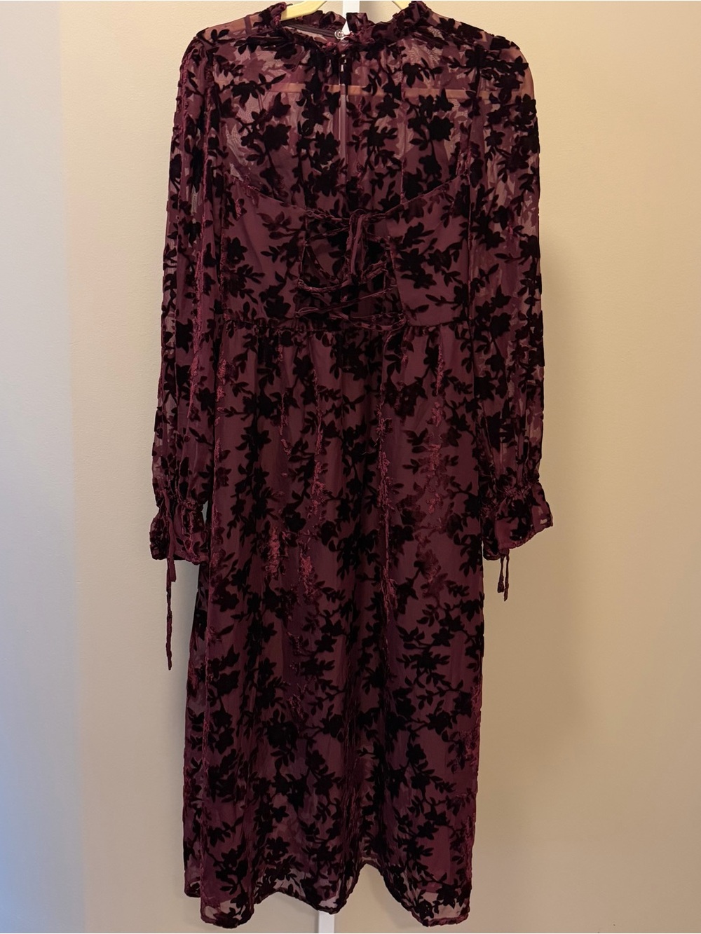 Lost + Wander Velvet Floral Midi Dress in Deep Plum with Corset Detail
